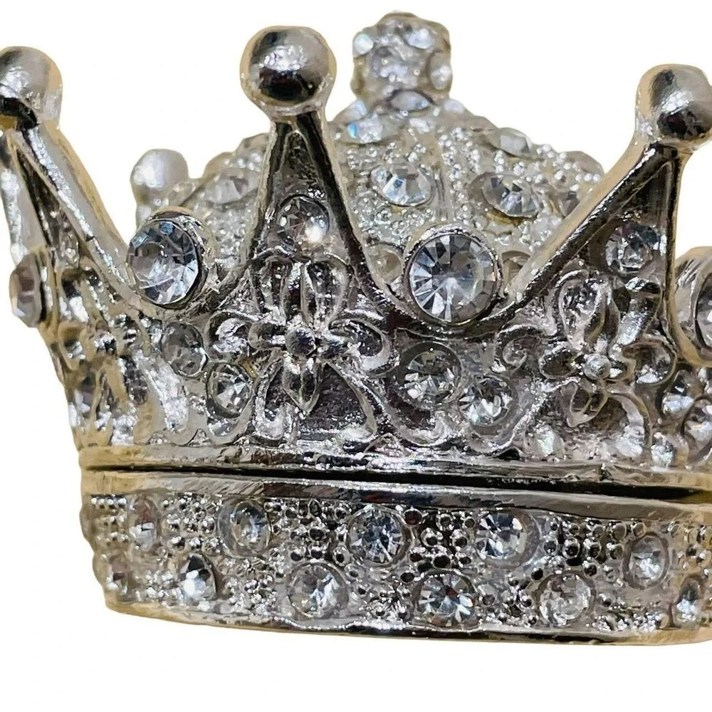 Unbranded Crown Trinket Box Unisex OS Silver Rhinestone Hinged Regal Decor